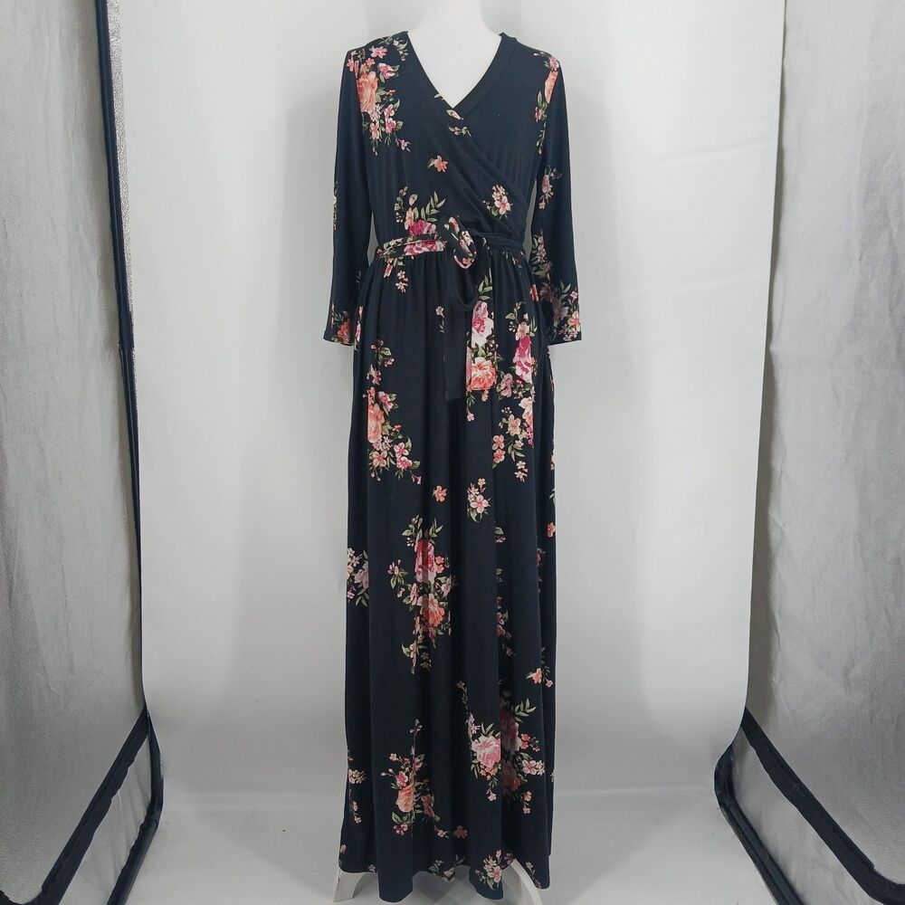 Reborn J Black Floral Print Long Sleeve Maxi Dress Size L